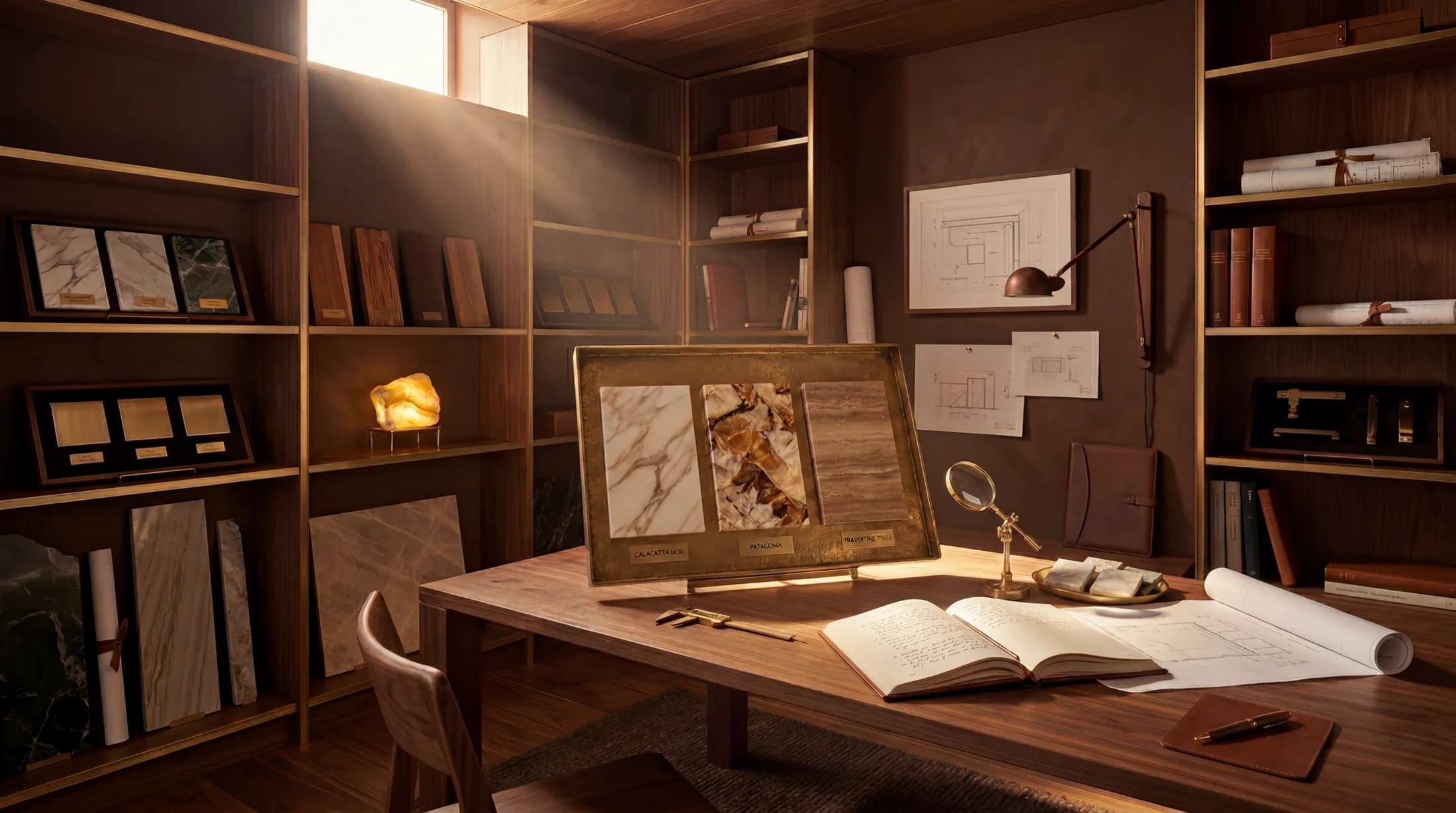 A Lotus materials studio: a framed stone sample board on a walnut table, marble and timber samples shelved behind it.