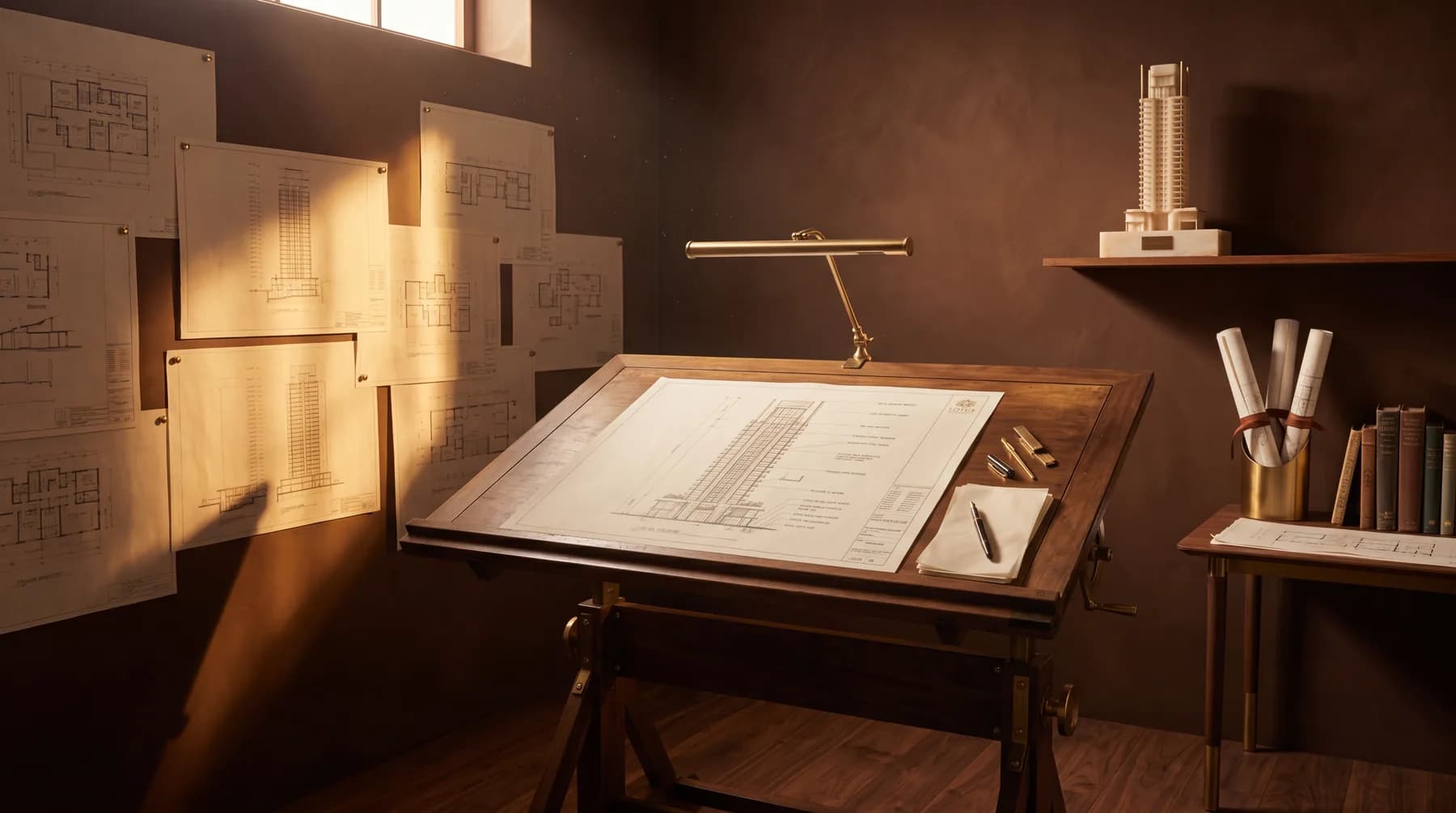 A Lotus drawing office: a drafting table under a brass lamp, elevations pinned to the wall behind it.