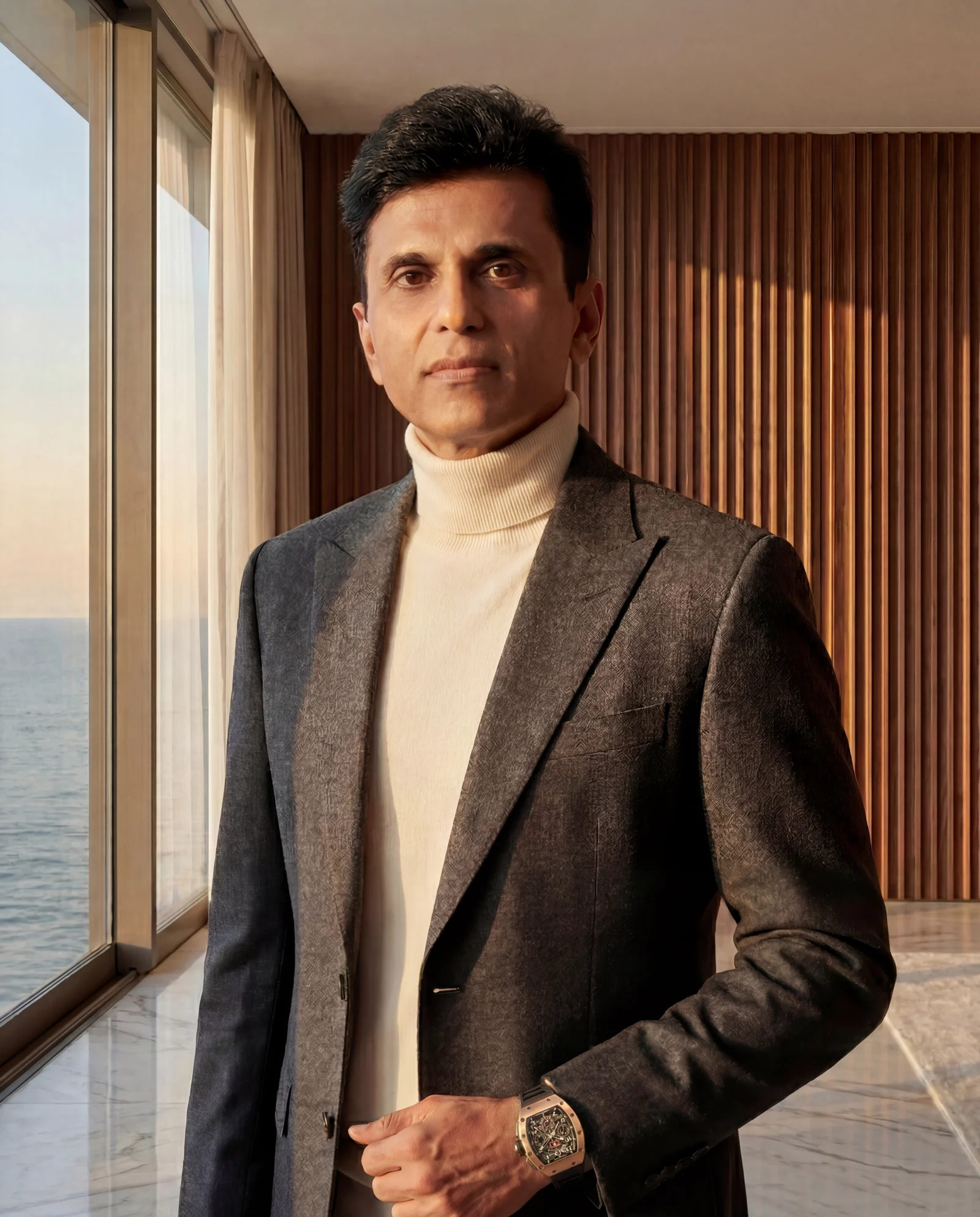 Mr. Anand Pandit standing at a sea-facing window in a Lotus residence.