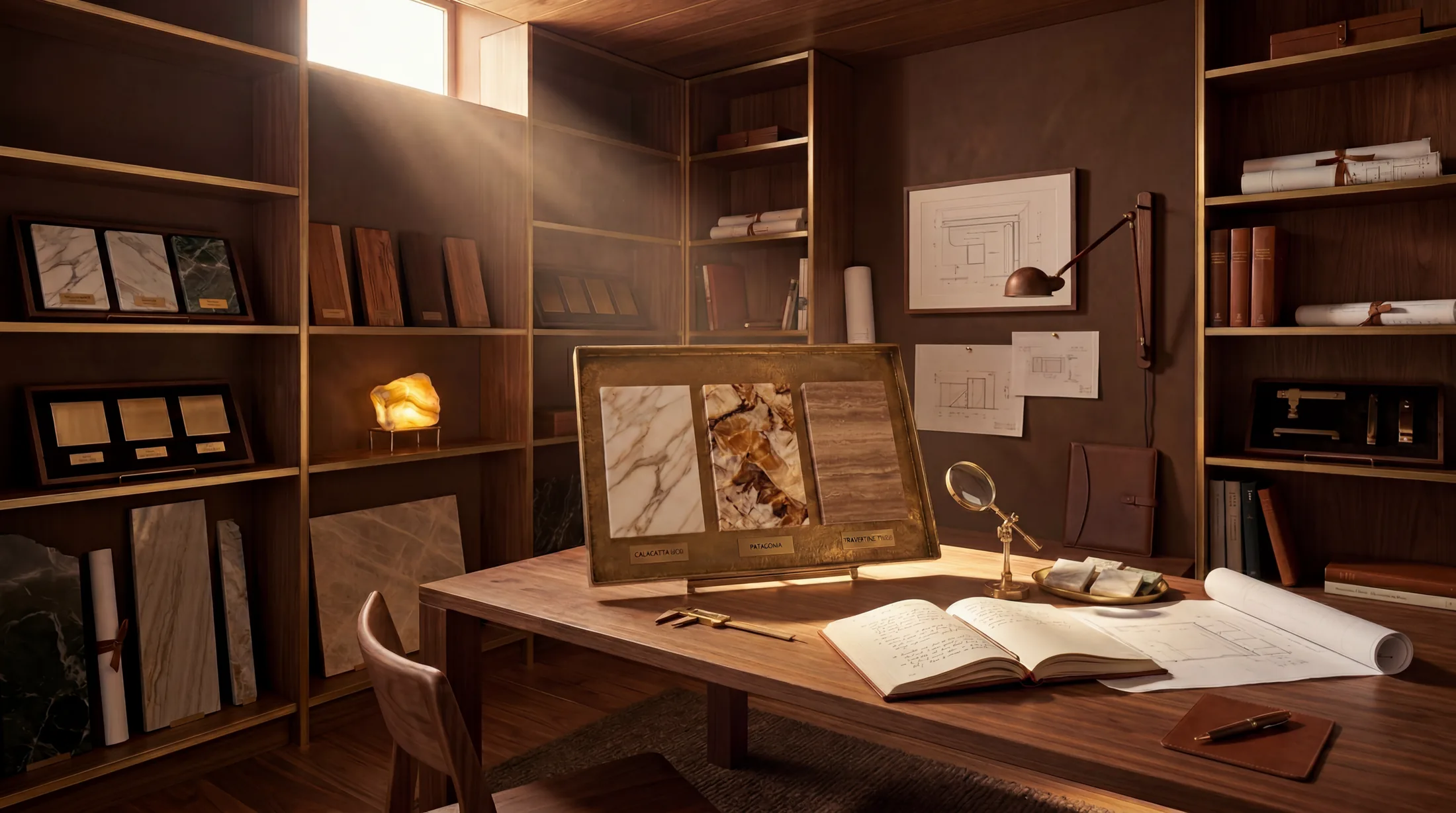 A Lotus materials studio: a framed stone sample board on a walnut table, marble and timber samples shelved behind it.
