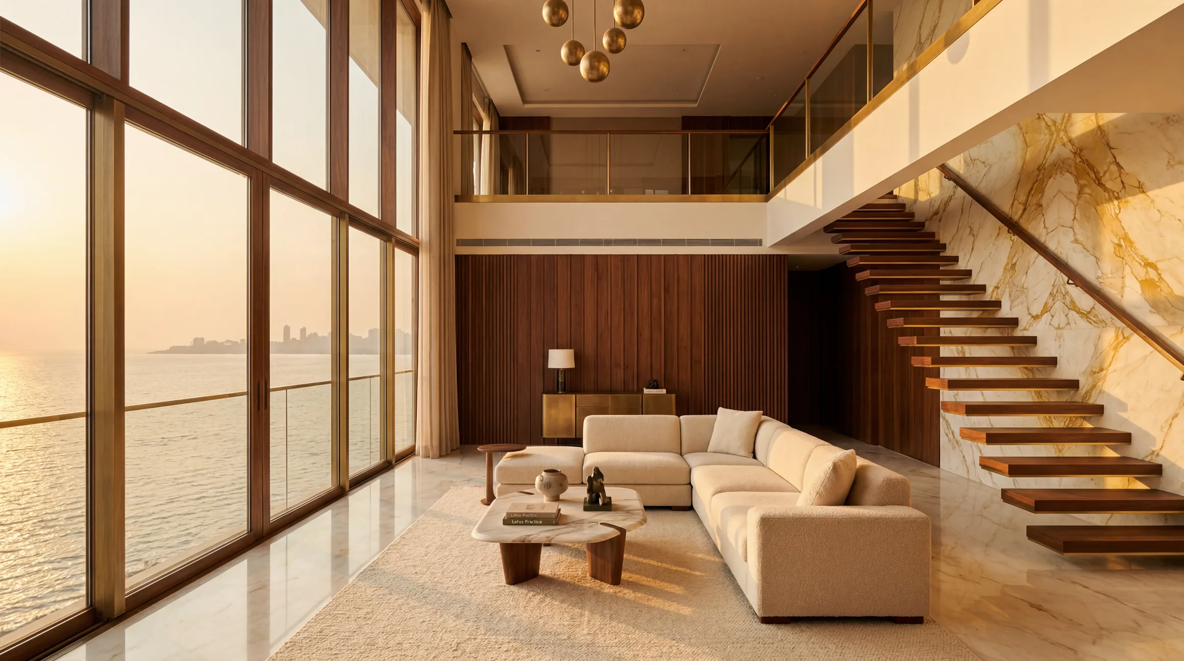 A Lotus double-height living room: sea-facing glazing, a floating timber stair against a marble wall.