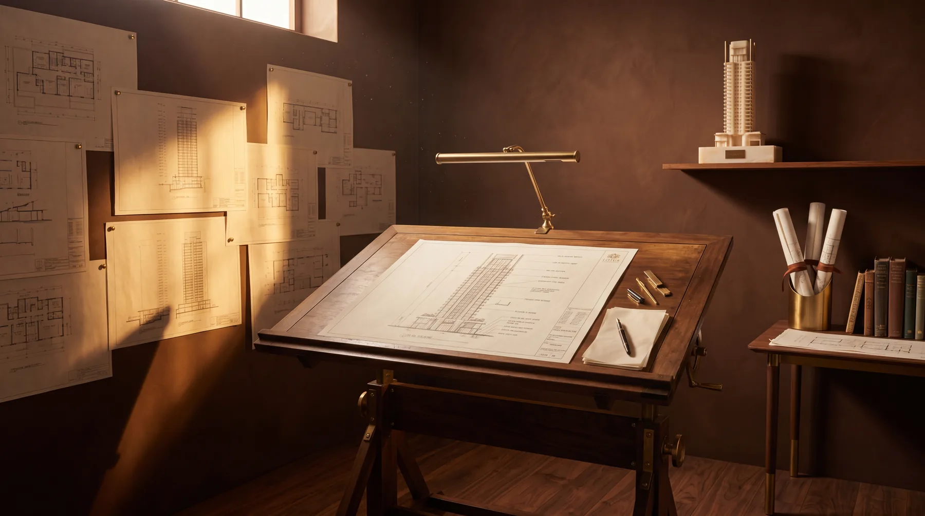 A Lotus drawing office: a drafting table under a brass lamp, elevations pinned to the wall behind it.